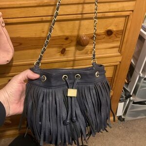 Fringe Leather Shoulder Bag - Navy